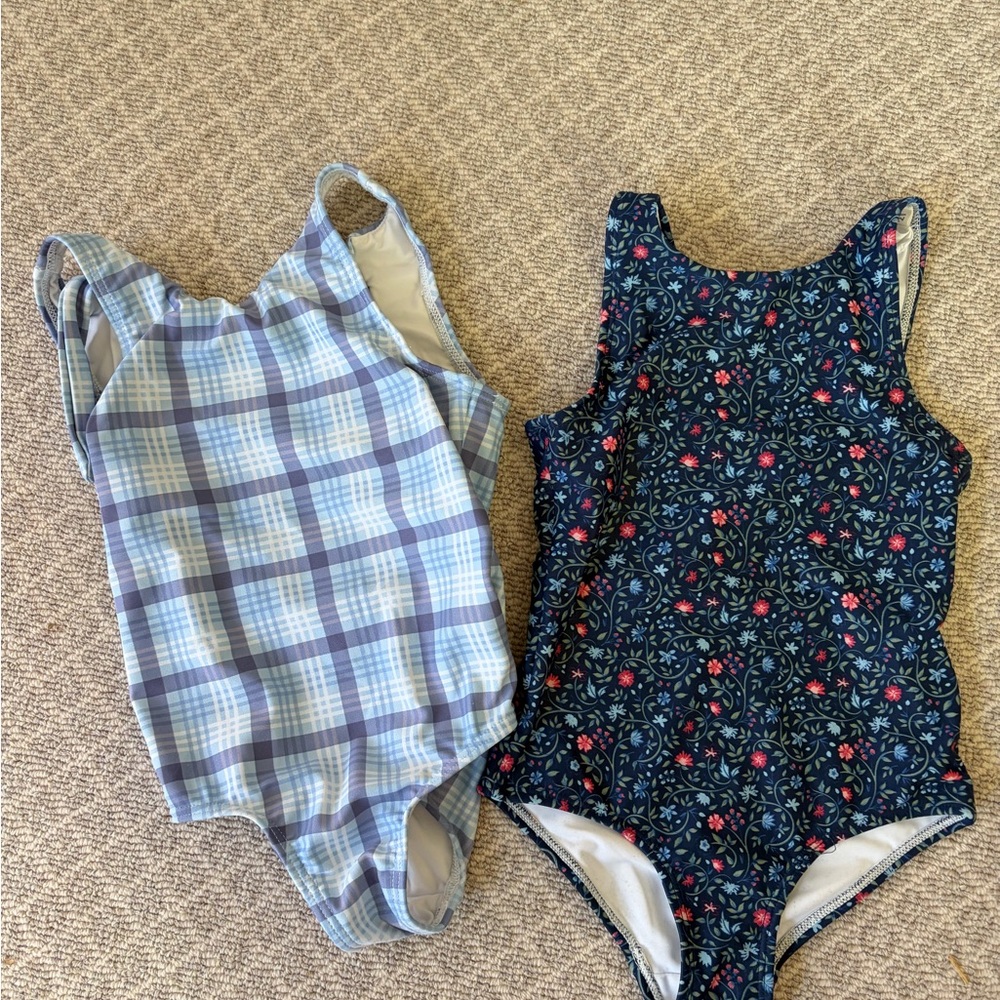 Charming Kids' Blue Plaid and Floral One Piece Swimsuit Set